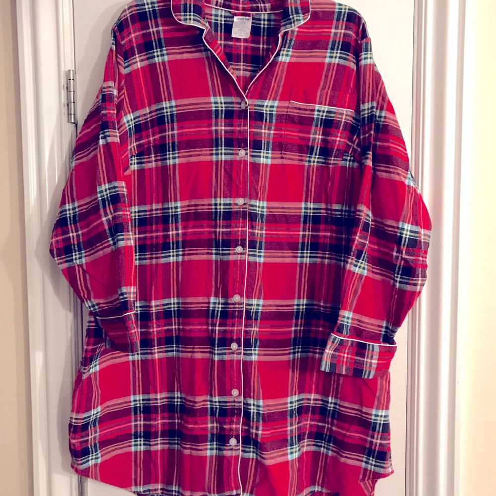 Lands' End Women's Red Plaid Button-Up Nightshirt